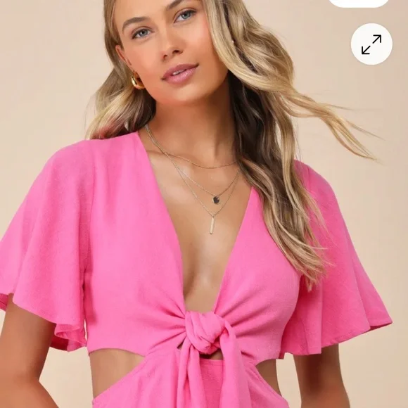 Lulus NWT Women’s SZ M Pink Cut Out Tie Front Mini Dress Short Sleeve VNeck - Picture 2 of 9
